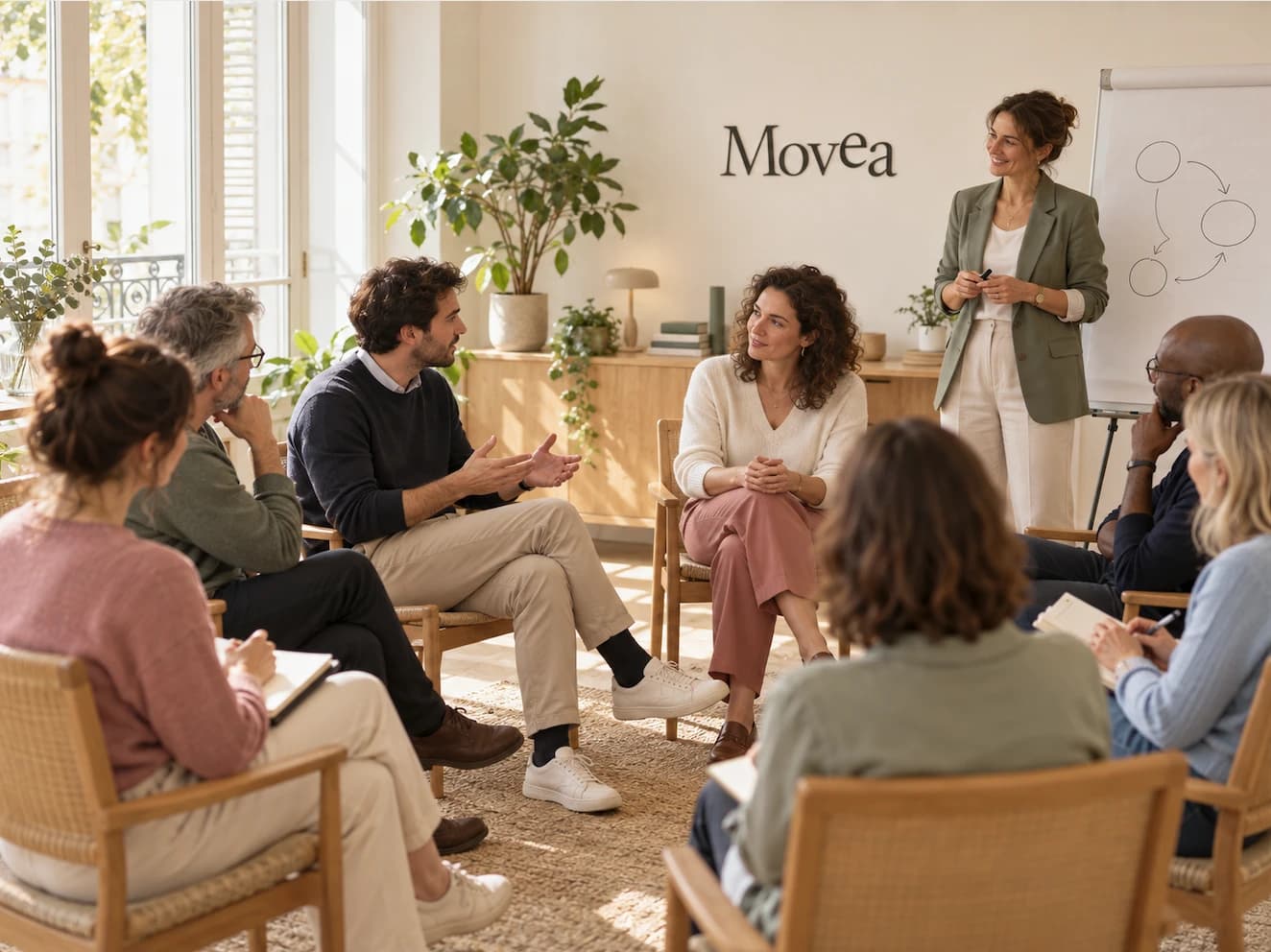 Salle de formation soft skills : participants assis en cercle, une formatrice debout près d'un paperboard